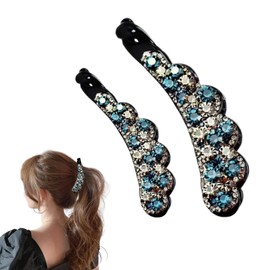 Elegant Rhinestone Banana Hair Clips for Women & Girls - 2Pcs Sparkling Vertical Ponytail Holders for Daily, Party & Wedding Hairstyles,Ink Blue Gray