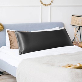 PiccoCasa Satin Body Pillowcase for Hair and Skin, Luxury Silk Satin Long Pillow Cover Smooth Soft Satin Body Pillow Cover with Zipper Closure Black 4ft 6