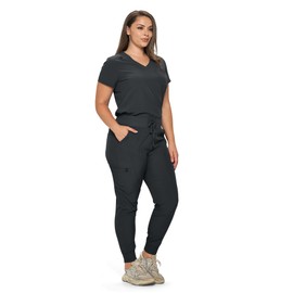 MONARCH UNIFORMS Stretchy Scrubs Women's Jogger Scrub Set In Regular and Petite Jogger Scrubs with Tuck-In Top for Women, Black, Small Petite