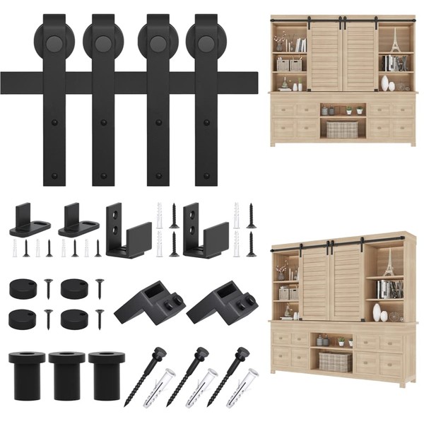 ZEKOO 2.5-8 FT Super Mini Barn Door Hardware Kit for Small Cabinet TV Stand Console,Flat Track J Shape Hanger (4FT Double Door Kit)
