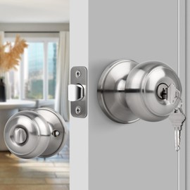 Gaurqiah Keyed Entry Door Knob, Flat Ball Interior Door Knob with Lock, Round Exterior Doorknob for Front/Entrance Doors, Stain Nickel