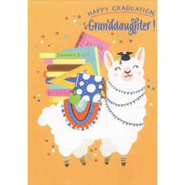 Designer Greetings White Llama Wearing Grad Cap Carrying School Supplies on Back Graduation Congratulations Card for Granddaughter