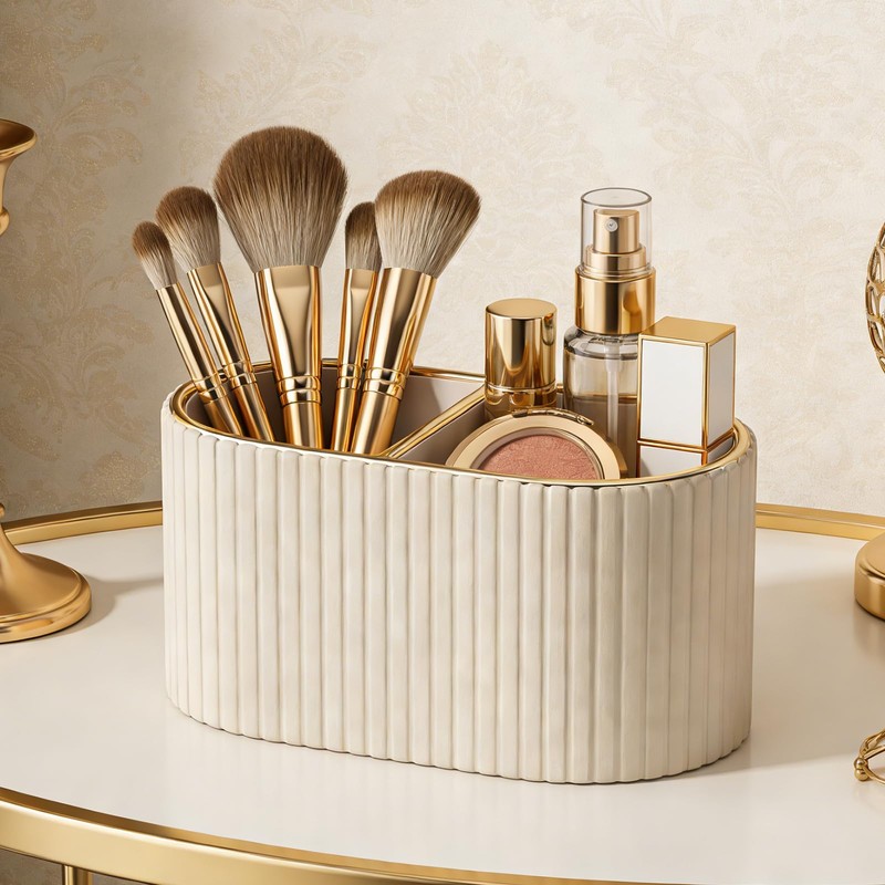 KINGFOM Makeup Brush Holder Organizer with Divider, PU Leather Vanity