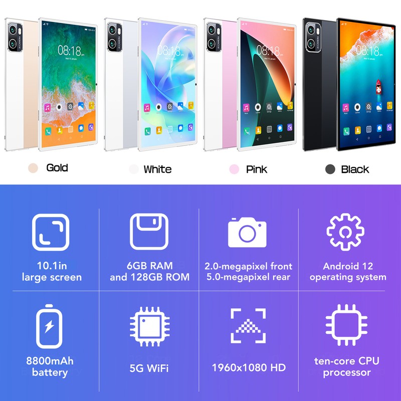 10.1in Tablet Silver 5G WiFi Calling for Android 12 6GB