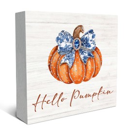 SRADMO Hello Pumpkin Fall Desk Decor, Coquette Chinoiserie Floral Bow Pumpkin Wood Box Sign Desk Decor, Modern Fall Theme Wooden Block Box Sign Decoration for Girly Room Bedroom Dorm Shelf Table Plaques