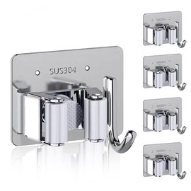 4 Pack Broom Holder Wall Mount,Heavy Duty Stainless Steel Broom Holder,Mop and Broom Holder,Mop Holder,Broom Hanger (silver, 4pack, with hook,silver)