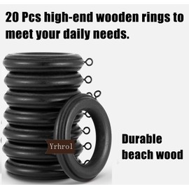 20 Pack Handmade Wooden Drapery Curtain Rod Rings 3 Inch Outer Diameter Black Farmhouse Beech Wood Vintage Look,1.8 Inch Interior Diameter for 1-1.5 Inch Curtain Rod Pole