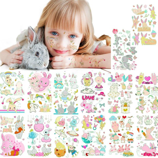 Fanoshonltd Tattoo Stickers, Rabbit Glow in the Dark, Cute for Kids, 14 Pieces, Boys and Girls Rabbit, Luminous Water Transfer Stickers, 100+ Temporary Children's Luminous, Rabbit Face and Body Seal, Birthday Party Supplies, Kids Costume Props, Easter Co