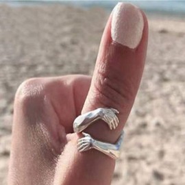Yienate Silver Hug Hands Ring Romantic Hug Hands Embrace Finger Band Open Ring for Women Girls