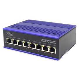 DIGITUS PoE Network Switch - 8-Port Gigabit Ethernet - DIN-Rail Mounting - Terminal Block - Fanless - Black/Blue