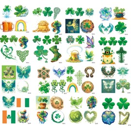 Aresvns St. Patrick's Day Temporary Tattoo 24 Pcs Green Shamrock,Green Tattoos Lucky Clover Tattoos Art Make up Deco Irish Party Favors For Men And Womem