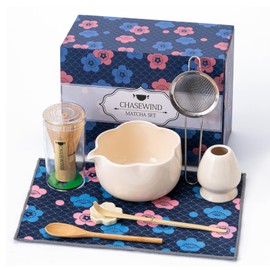 ChaseWind Matcha Whisk Set, 8Pcs Floral Ceramic Matcha Set with Matcha Whisk, Holder, Scoop, Scoop Rest, Sifter, Spoon and Tea Towel - Thoughtful Matcha Whisk Gift for Matcha Lovers (Beige)