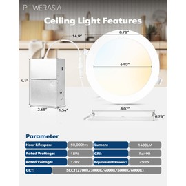 6 Pack Recessed Lighting 8 Inch with Junction Box, 5CCT 8 Inch LED Recessed Lights Dimmable 2700K/3000K/4000K/5000K/6000K, 18W 1400lm Ultra Thin Recessed Lighting - ETL and Energy Star Certified