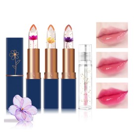 Getervb Flower Jelly Lipstick Set, Magic Temperature, Colour Changing Flower Jelly Lipstick, Long-Lasting Lip Gloss, Lip Balm, Glossy Cosmetics (3 Pieces Set A, One Size)