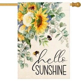 Baccessor Hello Sunshine Summer House Flag Sunflower Bee Eucalyptus Leaves Yard Flag 28 X 40 Inch Double Sided Burlap Large Spring Summer Flag for Outside Decor