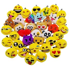 JZK 38 x Mini plush emoticon keychain keyring 5cm / 2 inch yellow small smiley face backpack key chain for kids adult birthday party favours keepsake giveaways gift, party bag fillers