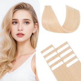 tesshair Tape in Hair Extensions Human Hair Thin Type 10 Pcs Invisible Skin Weft Remy Real Hair Extension Tapes Natural Tape Extensions for Women Girls(Platinum Blonde, 15g) - 16Inch