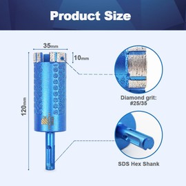 Diamond Core Drill Bit,BRSCHNITT 1 3/8 Inch Laser Welded Diamond Hole Saw for Granite Marble Solid Block Stone Reinforced Concrete,Dry or Wet Drilling SDS Plus Hex Shank(35mm)