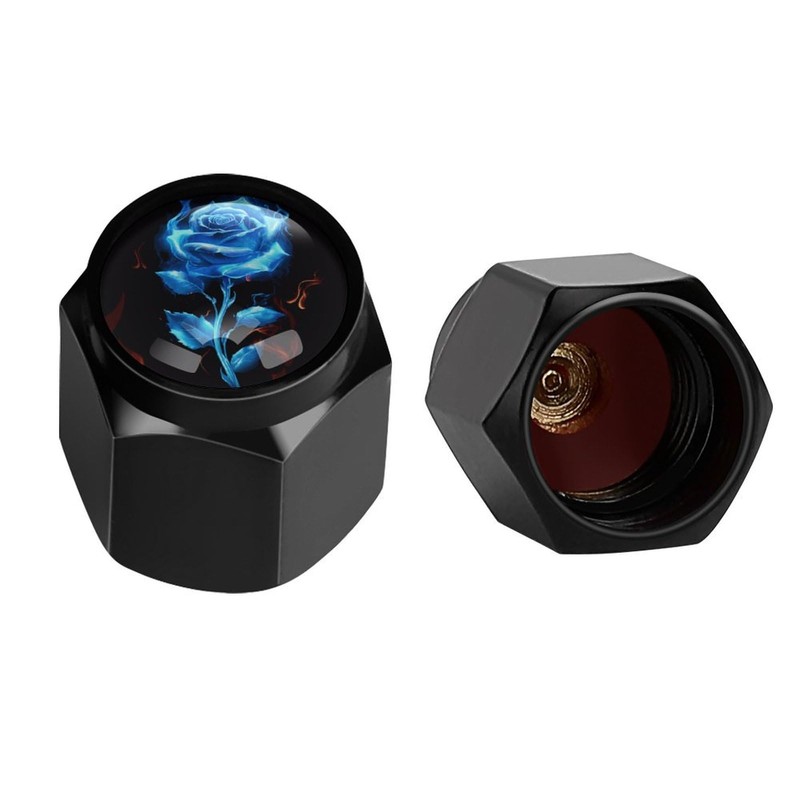 Muishi Rose Blue Flame Tire Valve Stem Caps, Aluminum Black