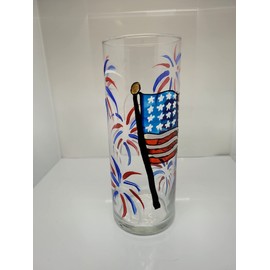 Patriotic American Flag Fireworks 9 inch Glass Vase Hand Painted Fourth of July Home Decor