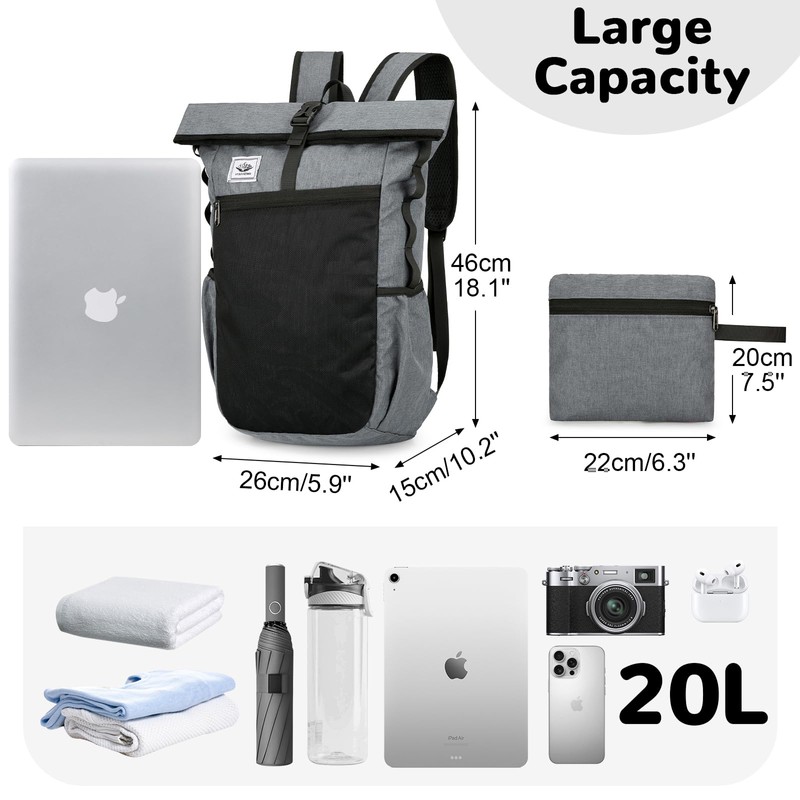 Outplea 20L Foldable Backpack Men Women Ultralight Rolltop Backpack Packable