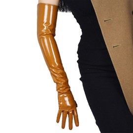 DooWay Women Opera Leather Gloves Shine Wet Look 24 inches Faux Patent Leather PU for Evening Costume Dance Pageant (Bright Brown)