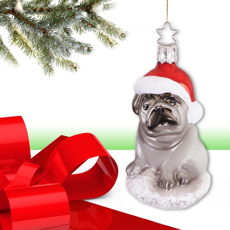 Inge-glas® IG-1-013-16 Christmas Hanger Pug with Santa Hat