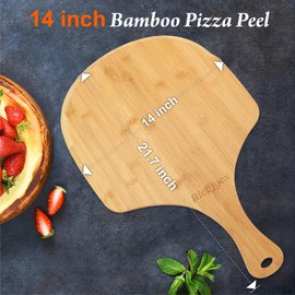 RICOJYCX 2 Pack Natural Bamboo Pizza Peel 14 inch, Wood Pizza Paddle, Cutting Board with Handle for Pizza, Bread, Cheese, Vegetable, Fruits