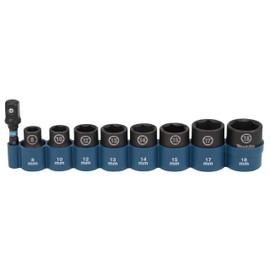 Makita E-16639 Impact Socket Set 3/8 Inch 9-Piece SW8 - SW18 with Adaptor 50 mm 1/4 Inch Hex to 3/8 Inch Square, Chrome-Molybdenum, Impact Sockets 28 mm Long