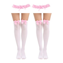 FDGGT 2 Pairs Pink Over the Knee Socks and 2 Pink Lace Leg Rings, Women's Bow Socks, Cute Women's Socks, Clothing Accessories, White