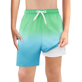 Haloumoning Boys Swim Trunks with Boxer Brief Liner Kids Gradient Quick Dry Swimming Shorts 5-14 Years