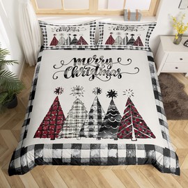 Christmas Trees Kids Duvet Cover Set King Size,Geometric Grids Ink Tie-dye Bedding,Girls Boys Adults Home/Xmas Cabin Decor,Rustic Vintage Comforter Cover,Black Grey Retro Quilt Cover,2 Pillowcases