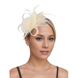Fascinators Hats for Women Tea Party Headband Kentucky Derby Hat Feather Mesh Flower Headwear Cocktail Hair Clip Fascinators Headpiece for Wedding Champagne One Size