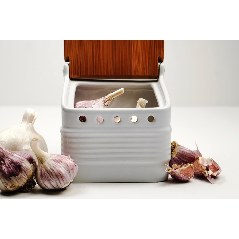 RSVP International White Stoneware Kitchen Collection, Stoneware Garlic Keeper, 4.5x4x4.5"