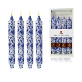 9 Inch Blue White Porcelain Taper Candles Flowers Printed 4 Pack Smokeless Unscented Home Decor Special Occasionscolor: Blue white, size: Large (8"-12")