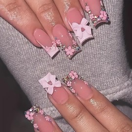 Jremg French Tip Press on Nails Medium Square Fake Nails with 3D Bow Flower Charms Design Glossy Nude Color French Nail Tips False Nails Cute Rhinestones Stick on Nails Acrylic Nails for Women 24Pcs