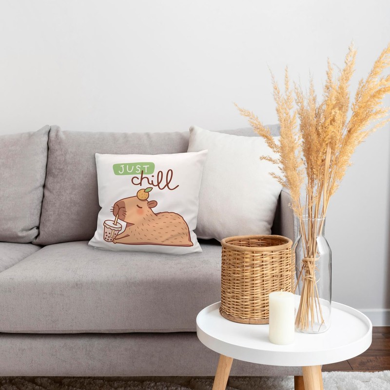 Capybara with Bubble Tea Cuddly Cushion with Saying Just Chill