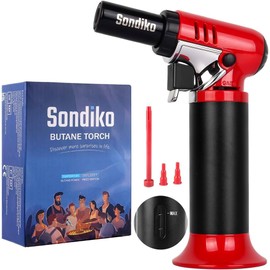 Sondiko Butane Torch with Fuel Gauge S907, Refillable Soldering Torch Lighter with Adjustable Flame for Welding, Industrial, Resin Art, Red & Black(Butane Gas Not Included)