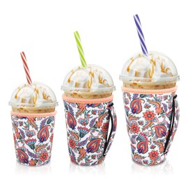 AJLTPA - Fundas aislantes para café helado para bebidas frías, paquete de 3 fundas de neopreno reutilizables con asa para tazas de café de 16 a 32 onzas (pasillo floral)