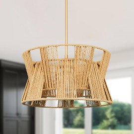 Homebelife 16" Woven Rattan Pendant, 1-Light Country Rustic Boho Wicker Chandelier, Farmhouse Hanging Lighting Fixture for Cottage Kitchen Island Dining Room Bedroom Foyer Hallway