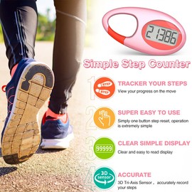 Simple 3D Step Counter, Walking Pedometer, Steps Tracker with Neck Lanyard/Carabiner for Men Women Teens Adults Seniors (Pink1)