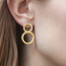 Double Open Circle Link Stud Post Earrings, 18 K Gold Plated Sterling Silver Polished Finish, Minimalist Smooth Geometric Design, Handmade