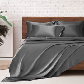 MR&HM Satin Bed Sheets, King Size Sheets Set, 6 Pcs Silky Bedding Set with 15 Inches Deep Pocket for Mattress(King, Dark Grey)