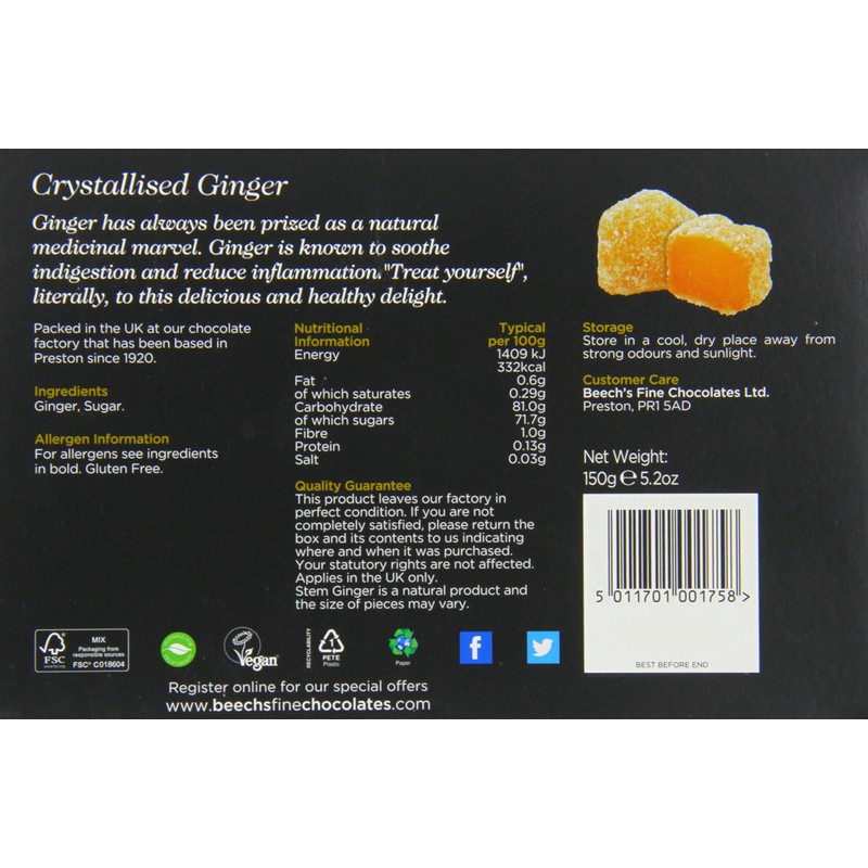Beech’s Crystalised Stem Ginger Gift Box, 150 g