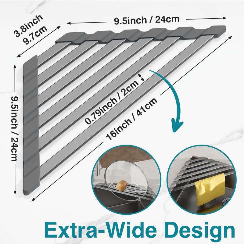 COOL-ANGLE Corner Sink Drying Rack, 16"x9.5" Rust-Proof Aluminum Triangular Dish