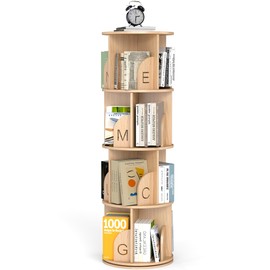 Rotating Bookshelf 4-Tier, 360° Small Corner Bookcase Organizer, Pine Wood Floor Storage Rack with Cutout Letters, 15.75" for Bedroom/Living Room (15.75", Wood)