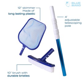 Blue Mano 6 Piece Spa & Pool Cleaning Kit - 10" Vacuum Head, 12" Leaf Skimmer, 10" Pool Brush, 4FT Telescopic Aluminum Pole & Small Chlorine Dispenser - for Spas & Small Pools