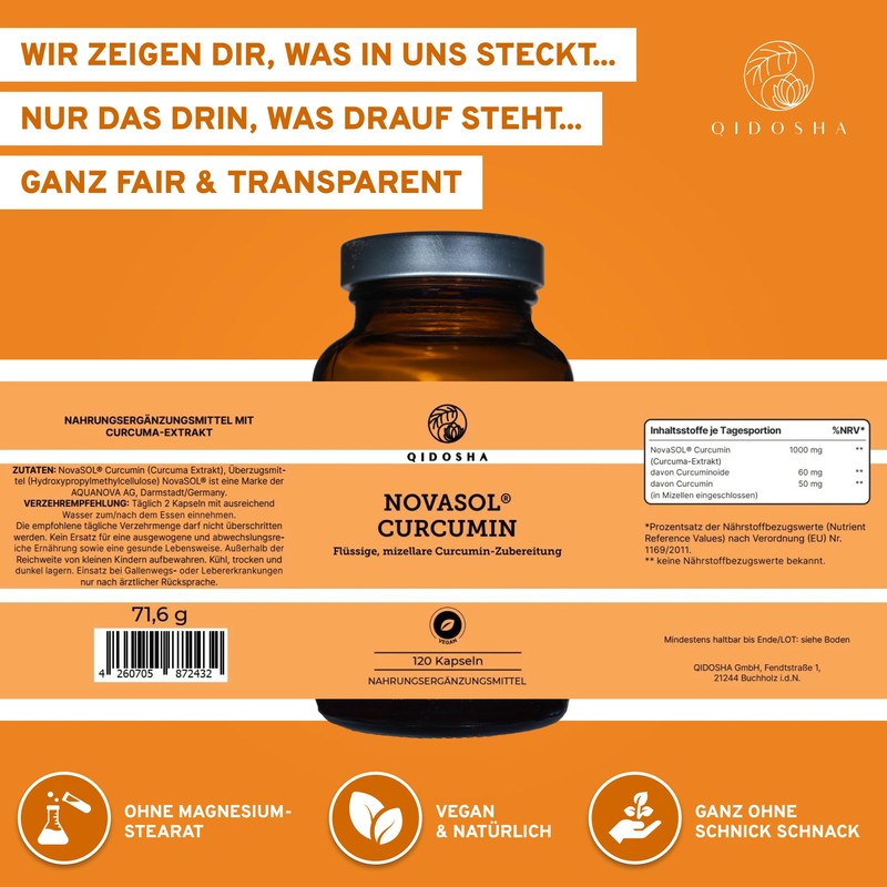 QIDOSHA® Novasol® Curcumin Liquid, 120 Capsules in Pharmacist Glass, 500