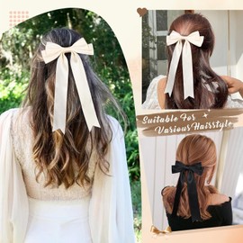 2PCS Hair Bows for Women Clip Hair Ribbon Accessories Bowknot Long Barrettes for Women (Beige,Black, 23.8 * 14.7CM)
