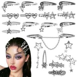 20Pcs Star Hair Accessories Y2K Silver Hair Clips 14 Shapes Metal Non-Slip Snap Barrettes for Girls 2000s Punk Kawaii Star Charm Hair Clips for Women(Silver B)